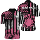 Maxcorners Pink American Flag Retro Bowling Polo, Quarter zip Shirt custom breast cancer bowling jerseys