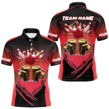 Maxcorners Bowling Beer Black and Red Bowling Polo, 1/4 Quarter zip shirts Custom Mens Team Bowling jerseys LM2603
