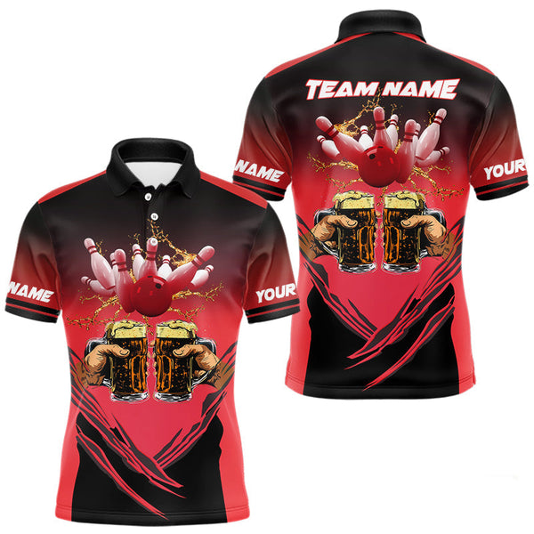 Maxcorners Bowling Beer Black and Red Bowling Polo, 1/4 Quarter zip shirts Custom Mens Team Bowling jerseys TU1410