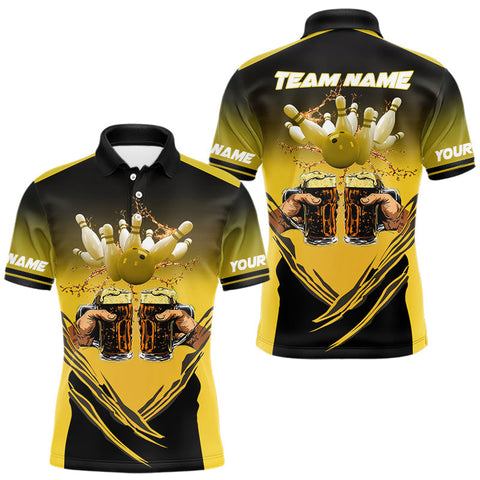 Maxcorners Bowling Beer Black and Yellow Bowling Polo, 1/4 Quarter zip shirts Custom Mens Team Bowling jerseys TU1410