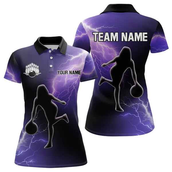 Maxcorners Purple Lightning Thunder Bowling Shirts For Men Custom Team Bowling Polo, Quarter Zip Jerseys