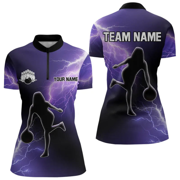 Maxcorners Purple Lightning Thunder Bowling Shirts For Men Custom Team Bowling Polo, Quarter Zip Jerseys