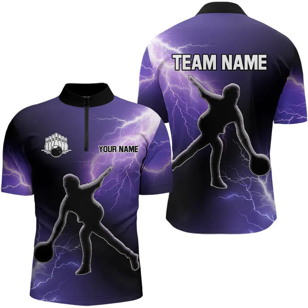 Maxcorners Purple Lightning Thunder Bowling Shirts For Men Custom Team Bowling Polo, Quarter Zip Jerseys