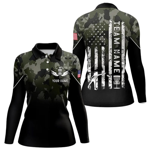 Maxcorners Black Green Camo Mens Disc golf polo shirts custom American Flag patriotic team disc golf jerseys