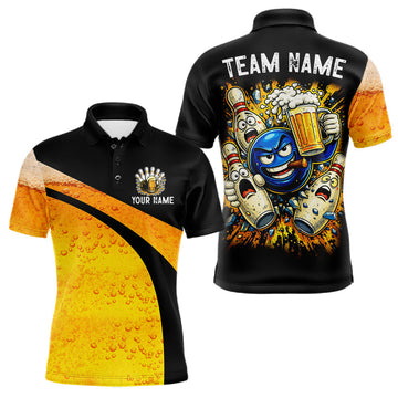Maxcorners Custom Yellow Funny Beer Bowling Jersey for Men Bowling Uniform Polo & 1/4 Zip Bowling Team Shirts LM1202
