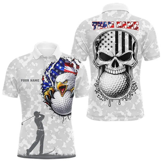Maxcorners Personalized American Flag Skull Eagle Camo Golf Polo Shirts For Men, Patriotic Mens Golf Outfits LM1202