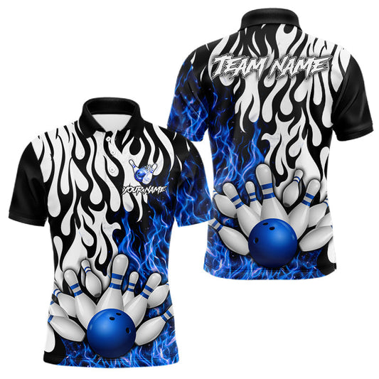 Maxcorners Black, White and Blue Flame Bowling Polo, Quarter Zip Shirts For Men Custom Bowling Team Jerseys
