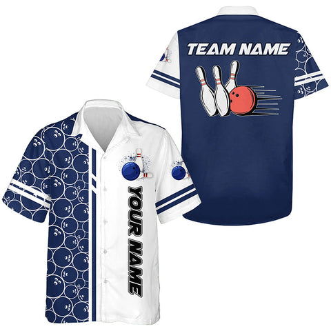 MaxCorners Bowling And Pins White And Blue Camo Vintage Customized Name, Team Name 3D Hawaiian Shirt