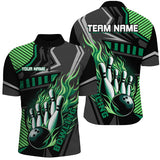 MaxCorners Bowling And Pins Black And Green Bowling Ball Pins Customized Name, Team Name 3D Stand Collar Zipper Polo Shirt For Men