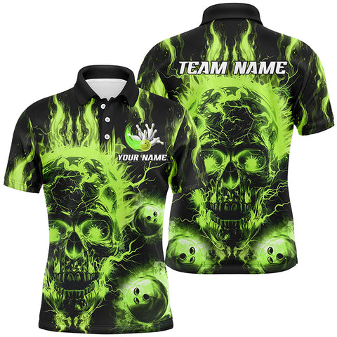 MaxCorners Bowling And Pins Green Flame Skull  Customized Name, Team Name 3D Polo Shirt For Men