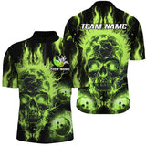 MaxCorners Bowling And Pins Green Flame Skull  Customized Name, Team Name 3D Stand Collar Zipper Polo Shirt For Men