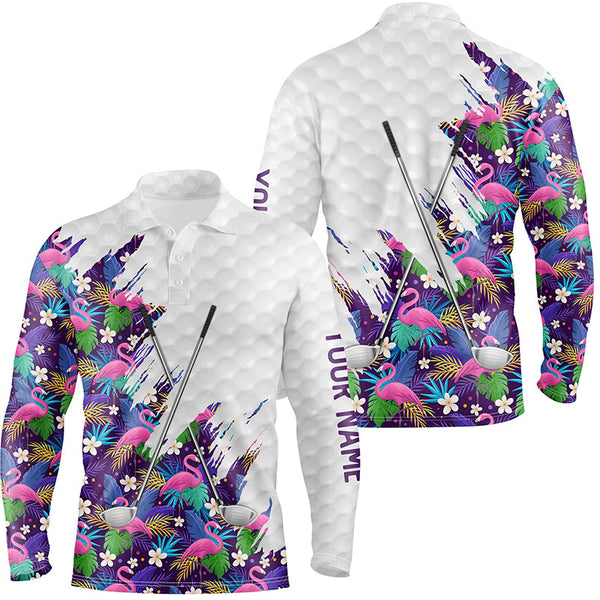 Maxcorners Golf Purple Flamingo Tropical Pattern Customized Name 3D Polo Shirt Unisex