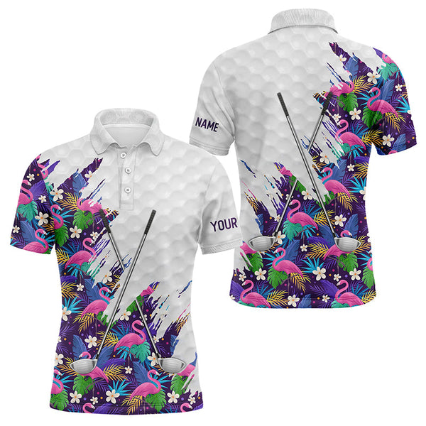 Maxcorners Golf Purple Flamingo Tropical Pattern Customized Name 3D Polo Shirt Unisex