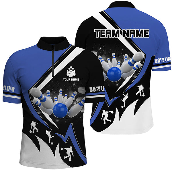 Maxcorners Black, White And Blue Bowling Jersey Customized Name 3D Shirt