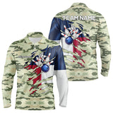 Maxcorners Texas Flag Green Camo Bowling Polo, Quarter Zip Shirts For Men Custom Texas Bowling Team Jerseys