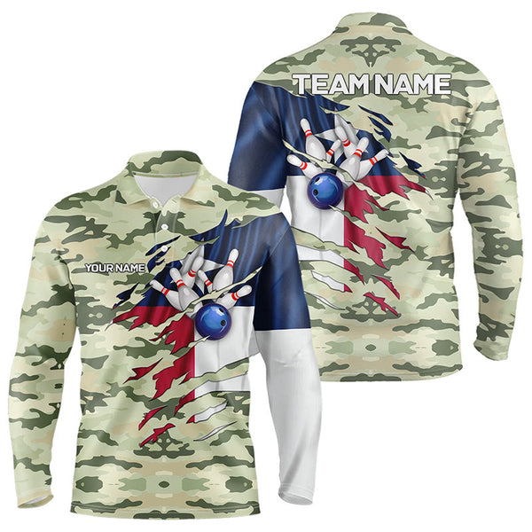 Maxcorners Texas Flag Green Camo Bowling Polo, Quarter Zip Shirts For Men Custom Texas Bowling Team Jerseys