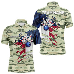 Maxcorners Texas Flag Green Camo Bowling Polo, Quarter Zip Shirts For Men Custom Texas Bowling Team Jerseys