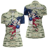 Maxcorners Texas Flag Green Camo Bowling Polo, Quarter Zip Shirts For Men Custom Texas Bowling Team Jerseys
