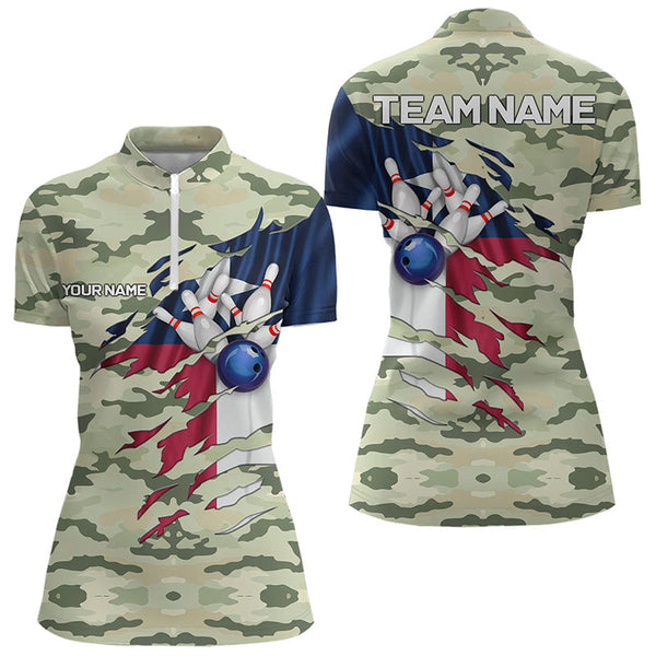 Maxcorners Texas Flag Green Camo Bowling Polo, Quarter Zip Shirts For Men Custom Texas Bowling Team Jerseys