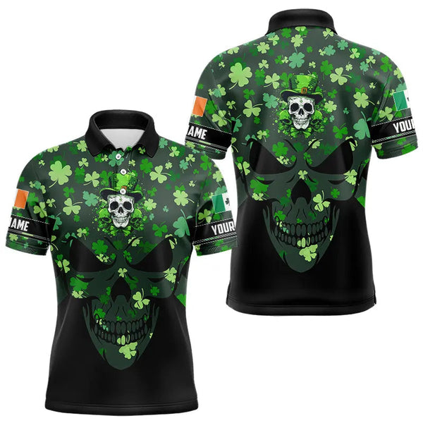 Maxcorners Personalized Green Shamrock Pattern Skull Men Golf Polo Shirts Custom St Patrick Day Mens Golf Tops