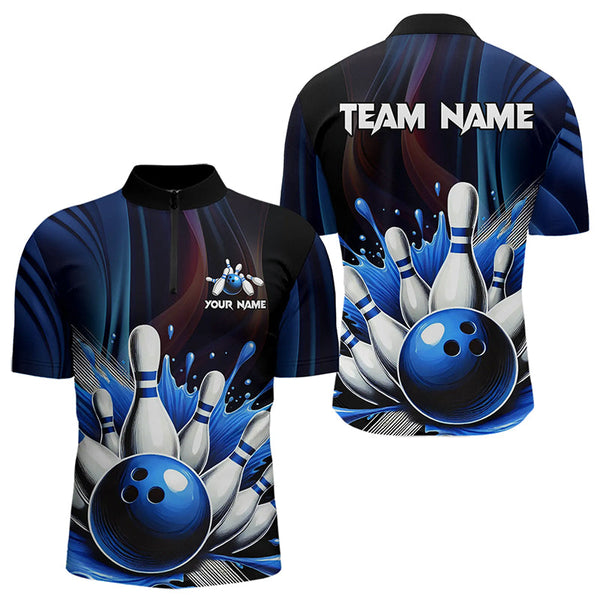 Maxcorners Black And Blue Men'S Bowling Outfits Custom Team Mens Bowling Polo, Quarter Zip Shirts LM123