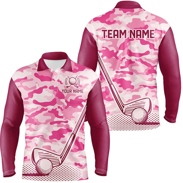 Maxcorners Pink Camo Mens Golf Polo Shirts custom golf outfit for mens, team golf shirt