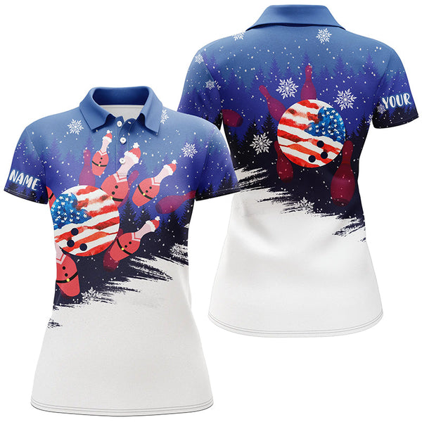 Maxcorners Christmas Bowling Santa pins American Flag Personalized All Over Printed Shirt For Women