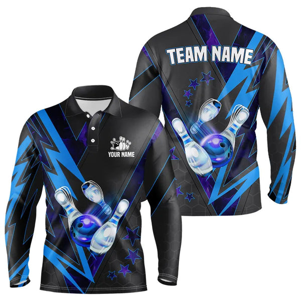 Maxcorners Black And Blue Lightning Bowling Polo, Quarter Zip Shirt For Men Custom Team Bowling Jerseys