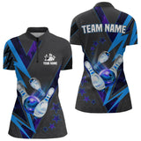 Maxcorners Black And Blue Lightning Bowling Polo, Quarter Zip Shirt For Men Custom Team Bowling Jerseys