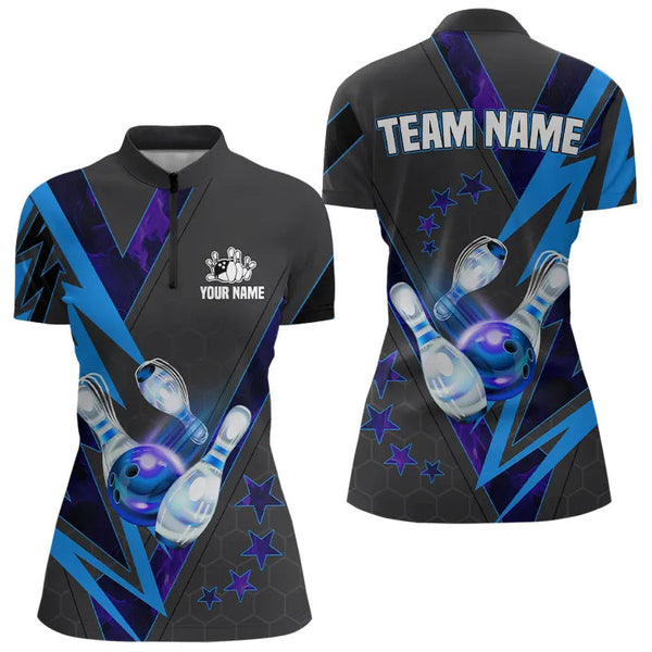 Maxcorners Black And Blue Lightning Bowling Polo, Quarter Zip Shirt For Men Custom Team Bowling Jerseys