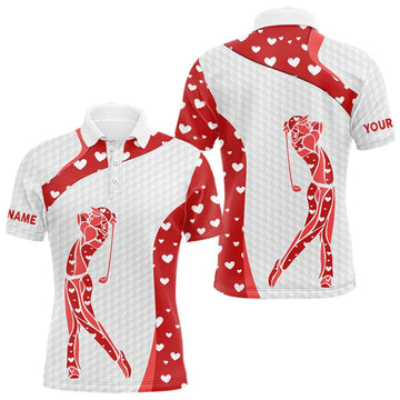 Maxcorners Personalized Red Hearts pattern golf player white Mens golf polo shirts custom name Valentine golf gifts