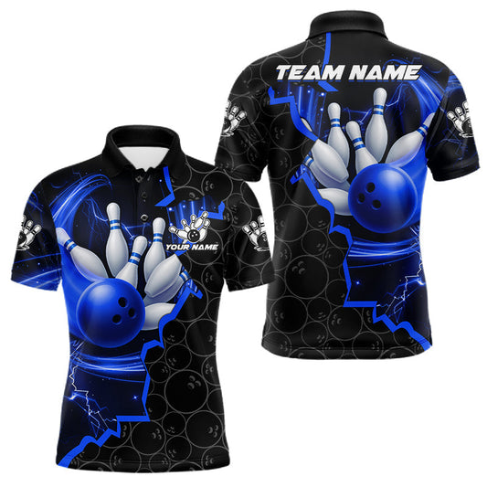 Maxcorners Black and Blue Camo Bowling Polo, 1/4 Zip Shirts For Men Custom Bowling Team Jersey, Bowler Outfit LM1203