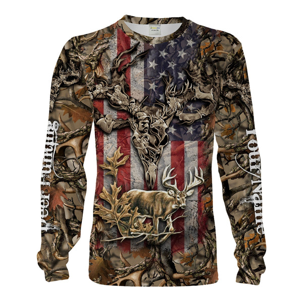 Maxcorners Custom Name American Flag Patriotic Deer Skull Hunting 3D All Over Printed Clothes