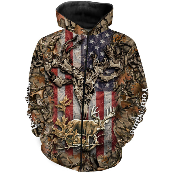 Maxcorners Custom Name American Flag Patriotic Deer Skull Hunting 3D All Over Printed Clothes