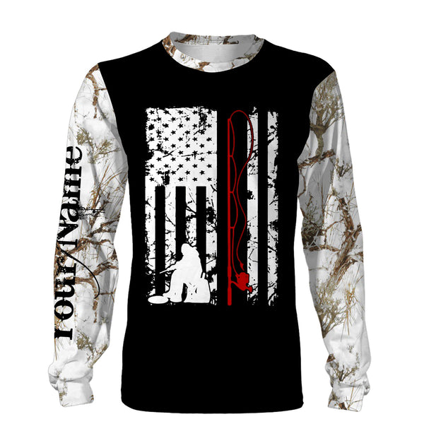 Maxcorners American Flag Patriotic Ice Fishing Shirt Winter Camo Customize Name 3D Shirts