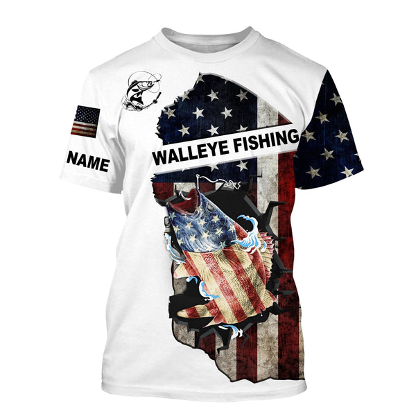 Maxcorners American Flag Walleye Fishing 3D Shirts Customize Name