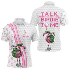 Maxcorners Funny Mens And Women Golf Polo Shirt Custom Pink And White Flamingo Shamrock Lucky Golf Shirts Talk Birdie To Me