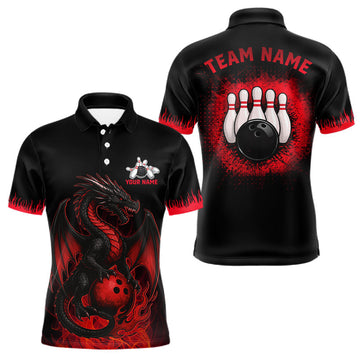 Maxcorners Black and Red Flame Dragon Bowling Polo, 1/4 zip shirts for Men Custom Dragon team bowling jerseys LM1501