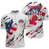 MaxCorners Bowling Ball And Pins American Flag Patriotic  Customized Name, Team Name 3D Stand Collar Zipper Polo Shirt