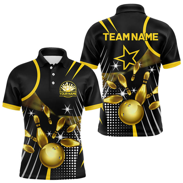 Maxcorners Funny Black And Gold Mens Bowling Polo, 1/4 Zip Shirts Custom Bowling Outfit Men Team Jerseys Lm173