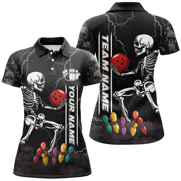 Maxcorners Bowling Ball And Pins Funny Skull Customized Name, Team Anme 3D Polo Shirt