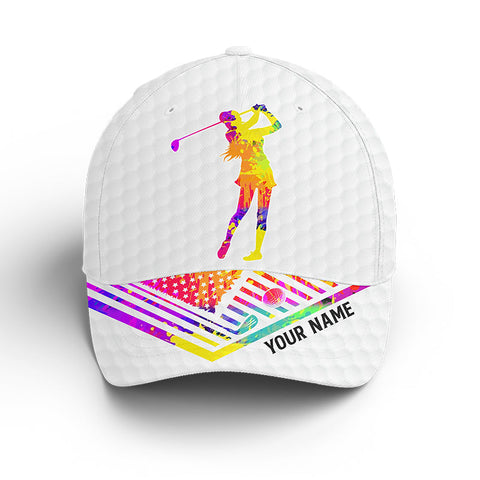 Maxcorners White golf hat for women custom name watercolor American flag baseball golf cap