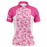 Maxcorners White and pink camo pattern custom name Mens golf polo shirts, golf outfit for men