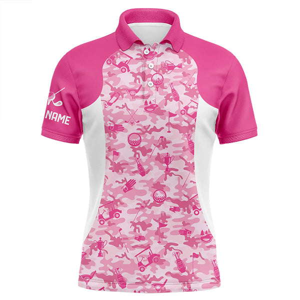 Maxcorners White and pink camo pattern custom name Mens golf polo shirts, golf outfit for men