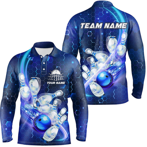 Maxcorners Blue Light Bowling Ball Pins Hexagon Pattern Customized Name And Team Name 3D Shirt