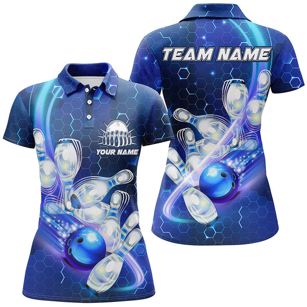 Maxcorners Bowling Shirts Custom Blue Light Bowling Ball Pins Hexagon Pattern Bowling Team Jersey