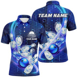 Maxcorners Bowling Shirts Custom Blue Light Bowling Ball Pins Hexagon Pattern Bowling Team Jersey