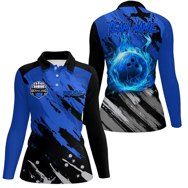 Maxcorners Black and Blue Flame camo bowling shirts for women Custom Flame Bowling Shirt Team Bowling Jersey