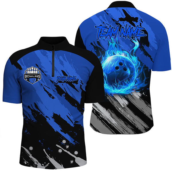 Maxcorners Black and Blue Flame camo bowling shirts for Men Custom Flame Bowling Shirt Team Bowling Jersey