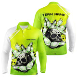 Maxcorners Green Skull Bowling Ball And Pins Bowling Polo, Quarter Zip Shirts For Men Custom Team Bowling Jerseys